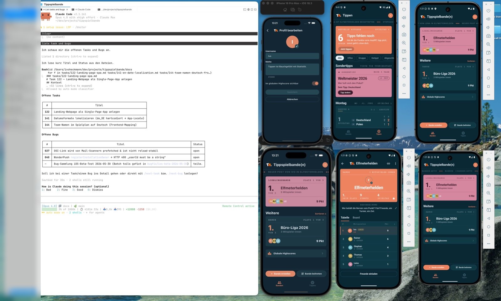 Claude Code mit der Task- und Bug-Liste links, die App auf mehreren iPhone-Simulatoren rechts